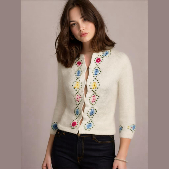 Cyn Les Cardigan Sweater Size S Ivory Floral SKU384 - Picture 1 of 11